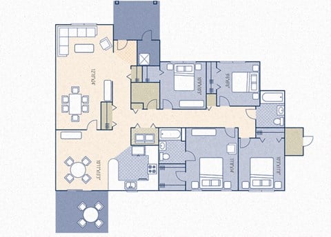 Floor plan for 4 beds, 2 baths, 1450 sqft